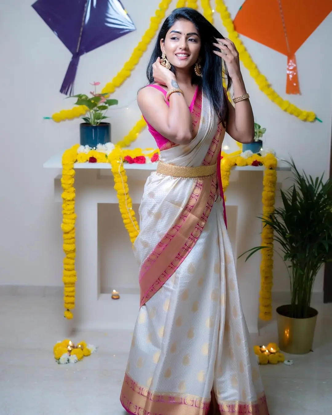 Eesha Rebba in Indian Traditional White Saree Sleeveless Pink Blouse